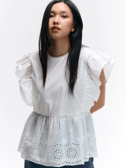 GATE Bawełniana bluzka z marszczonymi rękawami| Koszulki I Topy·Topy|Koszulki I Topy·Bluzki