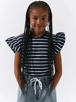 GATE Bawełniany t-shirt w paski z falbankami|Dzieci Dziewczynki·Koszulki I Topy