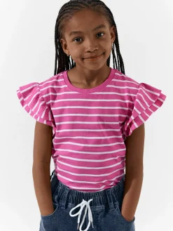 GATE Bawełniany t-shirt w paski z falbankami|Dzieci Dziewczynki·Koszulki I Topy