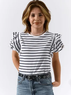 GATE Bawełniany t-shirt w paski z falbankami|Dzieci Dziewczynki·Koszulki I Topy