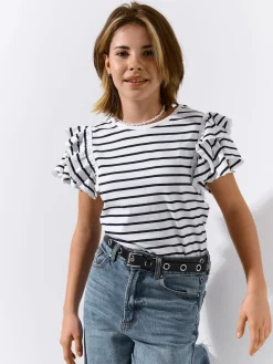 GATE Bawełniany t-shirt w paski z falbankami|Dzieci Dziewczynki·Koszulki I Topy