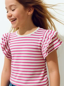 GATE Bawełniany t-shirt w paski z falbankami|Dzieci Dziewczynki·Koszulki I Topy