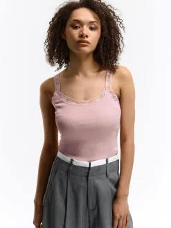 GATE Bokserka z żebrowanej dzianiny z koronką| Koszulki I Topy·Podkoszulki ☀️