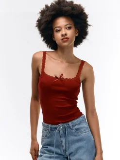 GATE Bokserka z żebrowanej dzianiny z koronką| Koszulki I Topy·Podkoszulki ☀️