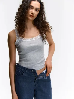 GATE Bokserka z żebrowanej dzianiny z koronką| Koszulki I Topy·Podkoszulki ☀️