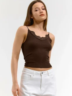 GATE Bokserka z żebrowanej dzianiny z koronką| Koszulki I Topy·Podkoszulki ☀️