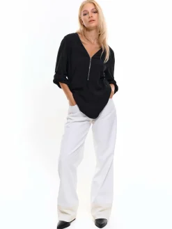 GATE Damska bluzka z wiskozy zapinana na suwak| Koszulki I Topy·Bluzki