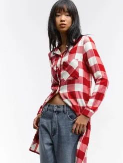 GATE Damska długa koszula w kratkę|Damskie Koszulki I Topy·Koszule Damskie