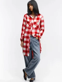 GATE Damska długa koszula w kratkę|Damskie Koszulki I Topy·Koszule Damskie