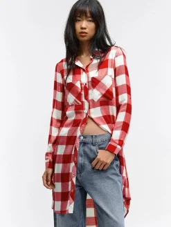 GATE Damska długa koszula w kratkę|Damskie Koszulki I Topy·Koszule Damskie