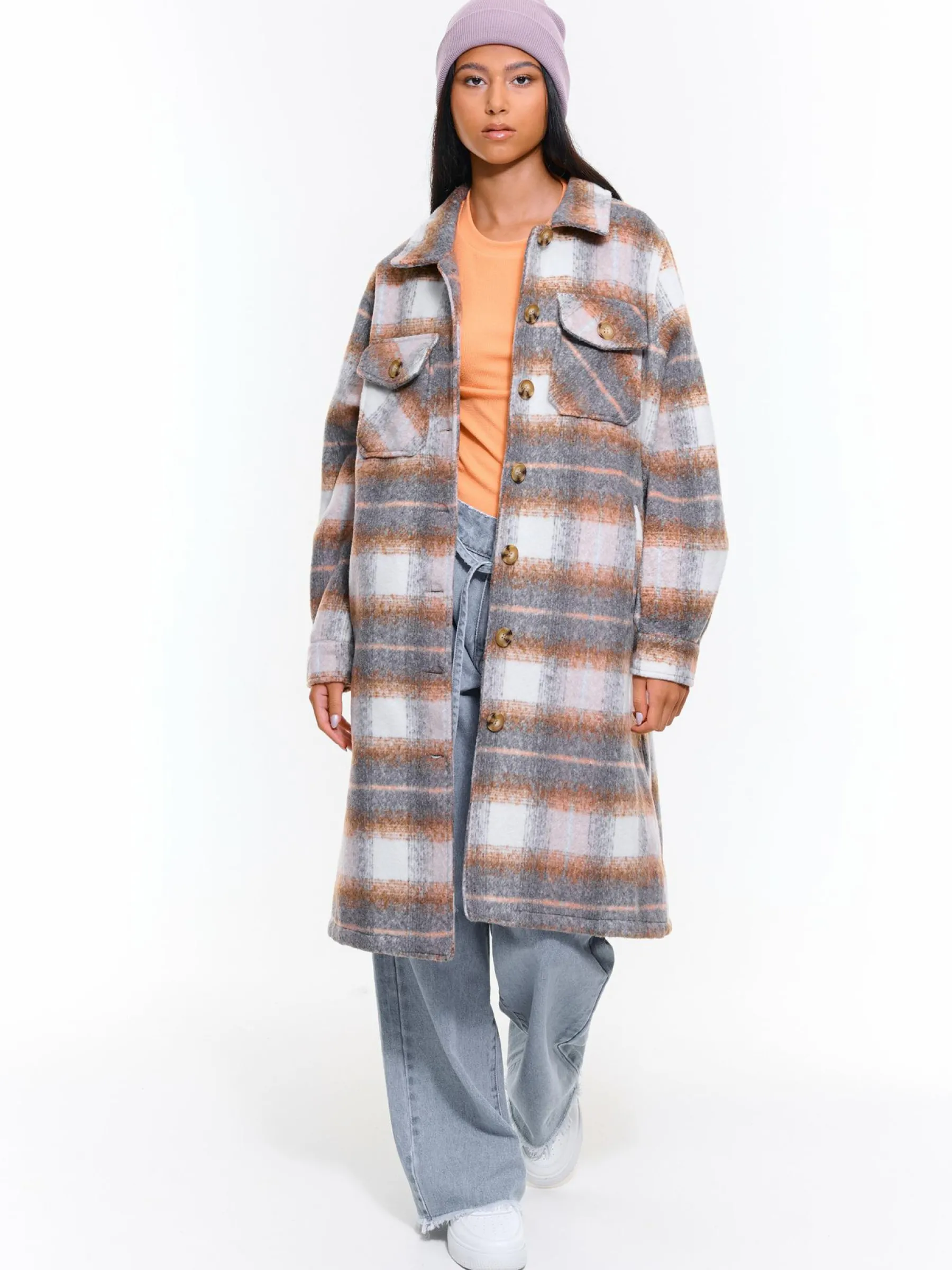 GATE Damski długi płaszcz w kratę zapinany na guziki| Kurtki I Płaszcze·Płaszcze