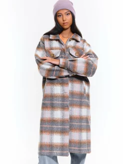 GATE Damski długi płaszcz w kratę zapinany na guziki| Kurtki I Płaszcze·Płaszcze