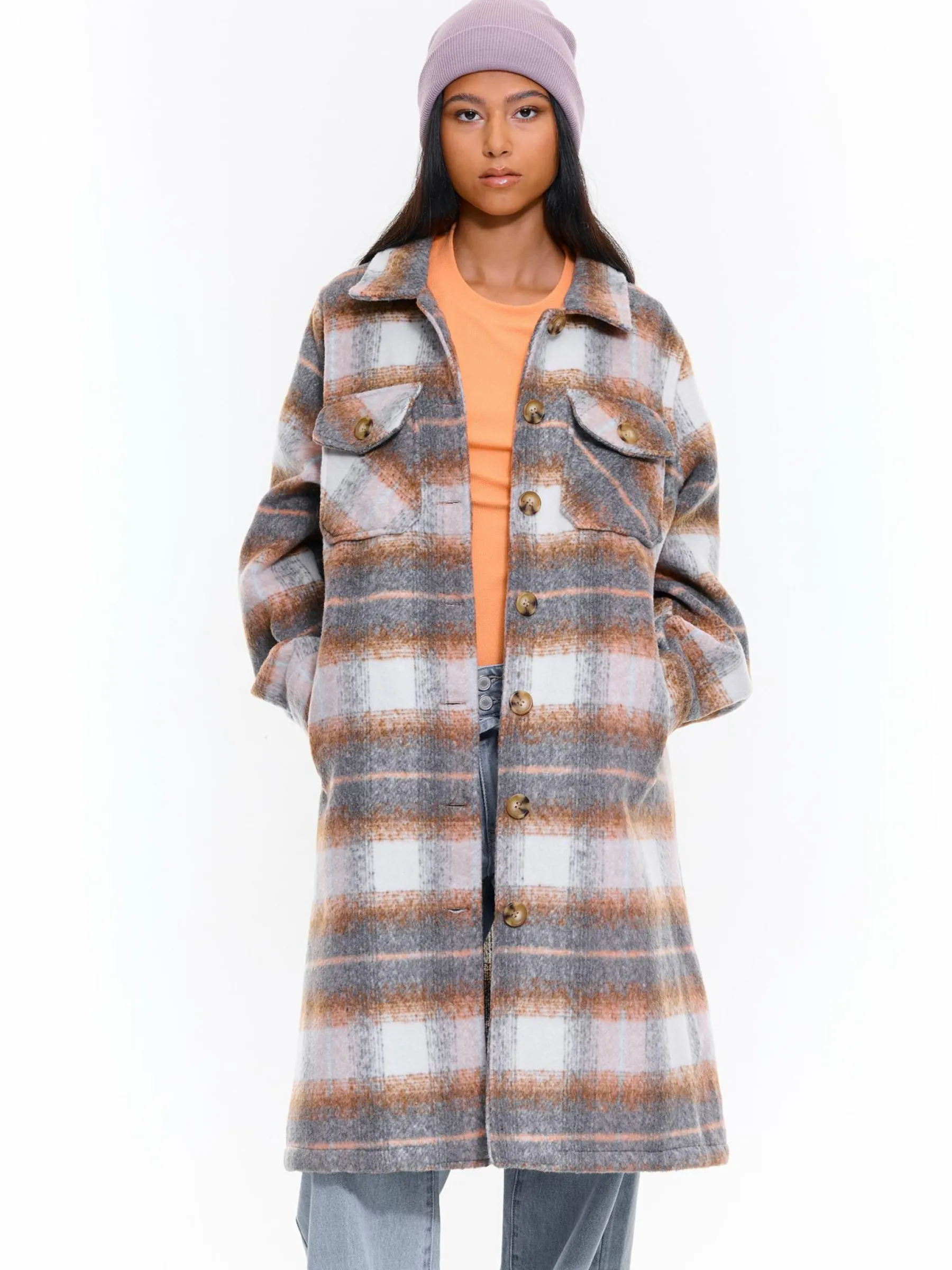 GATE Damski długi płaszcz w kratę zapinany na guziki| Kurtki I Płaszcze·Płaszcze