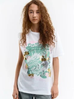 GATE Długa bawełniana koszulka z nadrukiem| Koszulki I Topy·Koszulki|Koszulki I Topy·Koszulki Z Nadrukiem