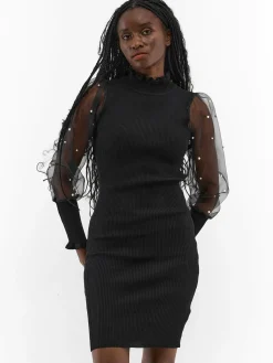 GATE Dzianinowa sukienka z tiulowymi rękawami| Kategorie·Sukienki