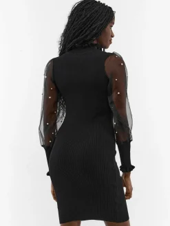 GATE Dzianinowa sukienka z tiulowymi rękawami| Kategorie·Sukienki