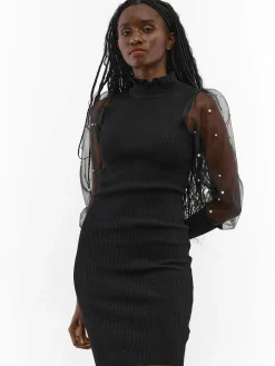 GATE Dzianinowa sukienka z tiulowymi rękawami| Kategorie·Sukienki