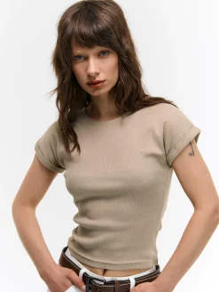 GATE Klasyczna koszulka z żebrowanej dzianiny| Koszulki I Topy·Koszulki