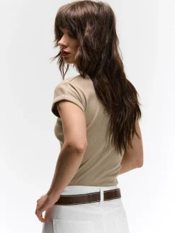 GATE Klasyczna koszulka z żebrowanej dzianiny| Koszulki I Topy·Koszulki