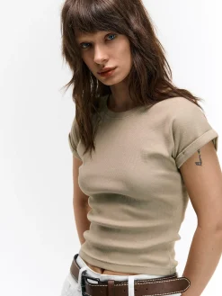 GATE Klasyczna koszulka z żebrowanej dzianiny| Koszulki I Topy·Koszulki