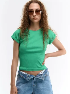 GATE Klasyczna koszulka z żebrowanej dzianiny| Koszulki I Topy·Koszulki