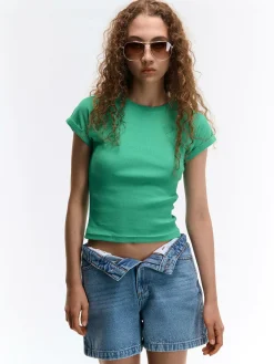 GATE Klasyczna koszulka z żebrowanej dzianiny| Koszulki I Topy·Koszulki