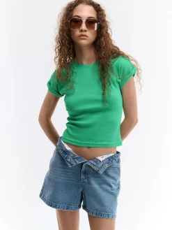 GATE Klasyczna koszulka z żebrowanej dzianiny| Koszulki I Topy·Koszulki