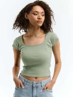 GATE Klasyczna koszulka z żebrowanej dzianiny| Koszulki I Topy·Koszulki