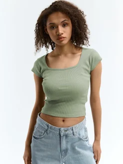 GATE Klasyczna koszulka z żebrowanej dzianiny| Koszulki I Topy·Koszulki