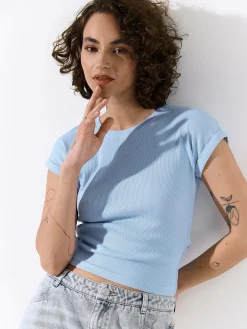 GATE Klasyczna koszulka z żebrowanej dzianiny| Koszulki I Topy·Koszulki