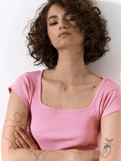 GATE Klasyczna koszulka z żebrowanej dzianiny| Koszulki I Topy·Koszulki