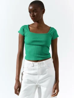 GATE Klasyczna koszulka z żebrowanej dzianiny| Koszulki I Topy·Koszulki