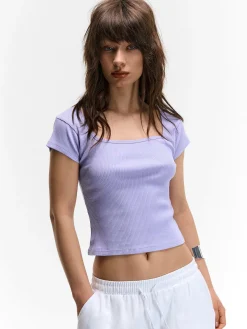 GATE Klasyczna koszulka z żebrowanej dzianiny| Koszulki I Topy·Koszulki