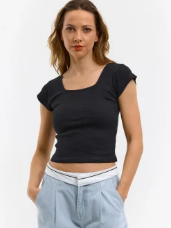 GATE Klasyczna koszulka z żebrowanej dzianiny| Koszulki I Topy·Koszulki