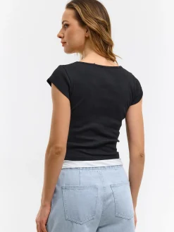 GATE Klasyczna koszulka z żebrowanej dzianiny| Koszulki I Topy·Koszulki