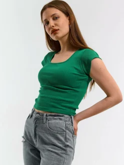 GATE Klasyczna koszulka z żebrowanej dzianiny| Koszulki I Topy·Koszulki