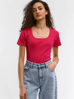 GATE Klasyczna koszulka z żebrowanej dzianiny| Koszulki I Topy·Koszulki