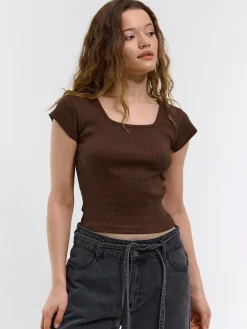 GATE Klasyczna koszulka z żebrowanej dzianiny| Koszulki I Topy·Koszulki