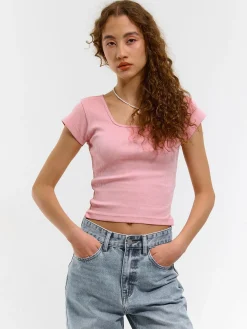 GATE Klasyczna koszulka z żebrowanej dzianiny| Koszulki I Topy·Koszulki