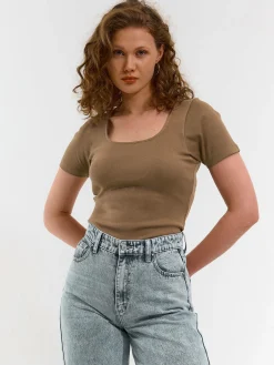 GATE Klasyczna koszulka z żebrowanej dzianiny| Koszulki I Topy·Koszulki