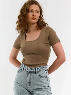 GATE Klasyczna koszulka z żebrowanej dzianiny| Koszulki I Topy·Koszulki