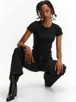 GATE Klasyczna koszulka z żebrowanej dzianiny| Koszulki I Topy·Koszulki