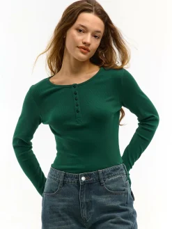 GATE Koszulka z żebrowanej dzianiny z guzikami| Koszulki I Topy·Koszulki