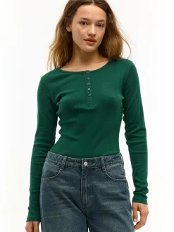 GATE Koszulka z żebrowanej dzianiny z guzikami| Koszulki I Topy·Koszulki