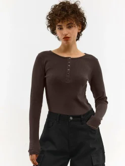 GATE Koszulka z żebrowanej dzianiny z guzikami| Koszulki I Topy·Koszulki