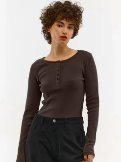 GATE Koszulka z żebrowanej dzianiny z guzikami| Koszulki I Topy·Koszulki