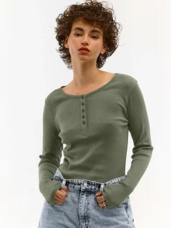 GATE Koszulka z żebrowanej dzianiny z guzikami| Koszulki I Topy·Koszulki