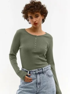 GATE Koszulka z żebrowanej dzianiny z guzikami| Koszulki I Topy·Koszulki