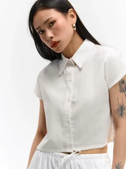 GATE Krótka koszula z domieszką lnu|Damskie Koszulki I Topy·Koszule Damskie