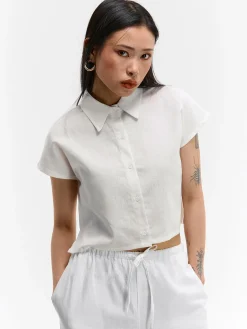 GATE Krótka koszula z domieszką lnu|Damskie Koszulki I Topy·Koszule Damskie
